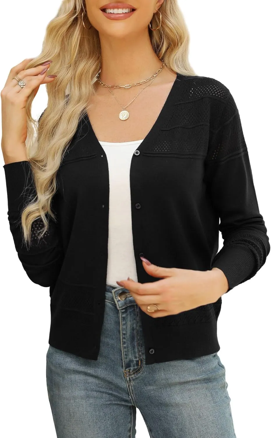Women's Cropped Cardigan Sweaters Long Sleeve V-Neck Button Down Lightweight Sweaters