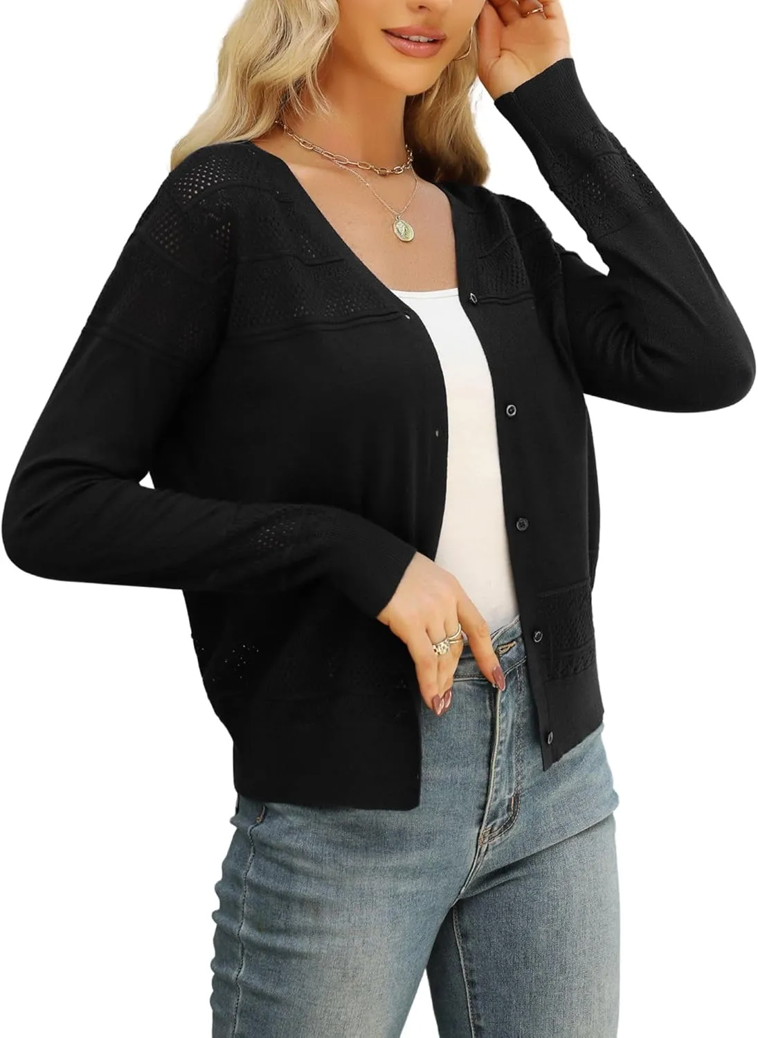 Women's Cropped Cardigan Sweaters Long Sleeve V-Neck Button Down Lightweight Sweaters