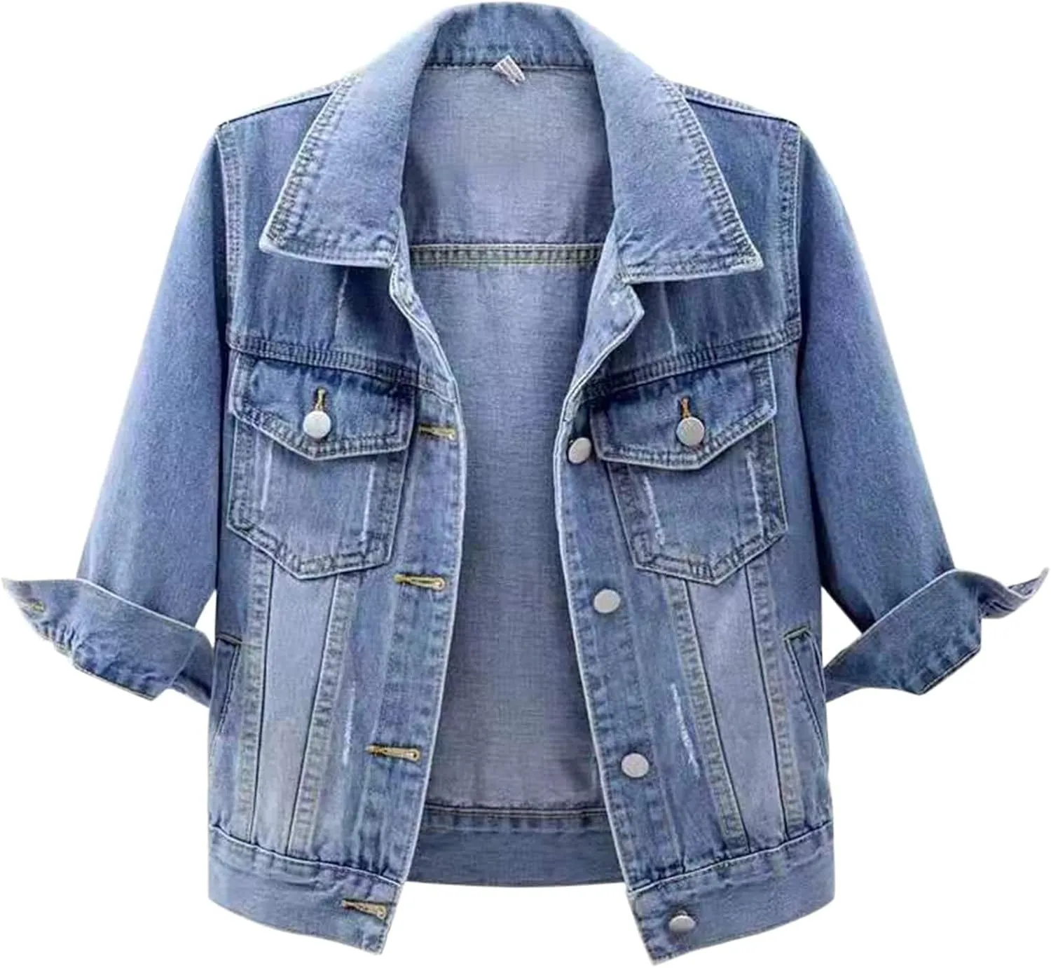 Womens Cropped Denim Jacket 3/4 Sleeve Short Jean Jacket Button Down Retro Lightweight Trucker Coat