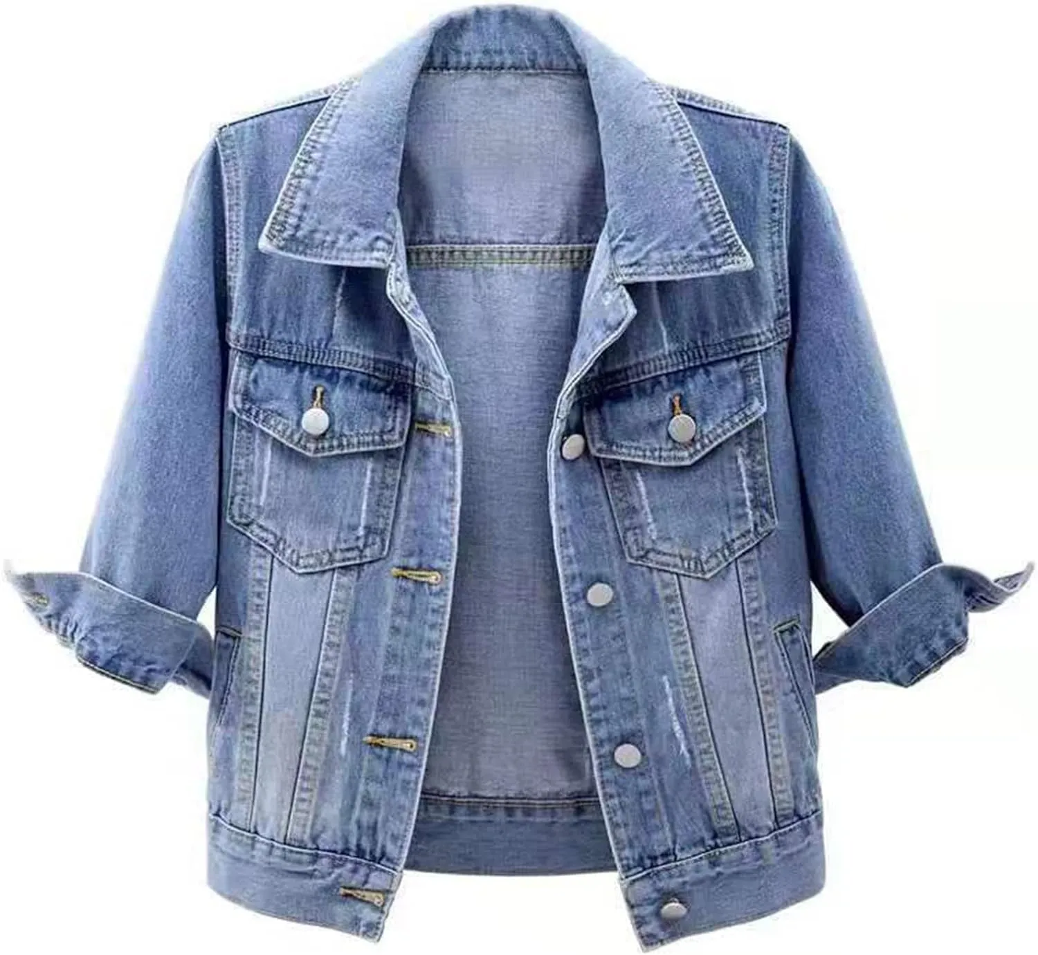 Womens Cropped Denim Jacket 3/4 Sleeve Short Jean Jacket Button Down Retro Lightweight Trucker Coat