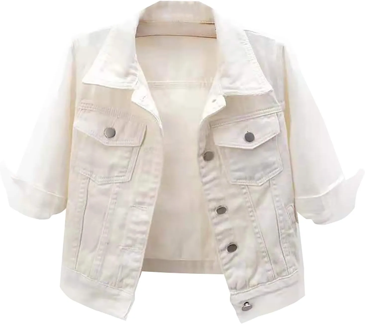 Women's Cropped Denim Jacket Plus Size Distressed Washed Button Down Long Sleeve Jean Trucker Jacket with Pockets