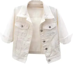Women's Cropped Denim Jacket Plus Size Distressed Washed Button Down Long Sleeve Jean Trucker Jacket with Pockets