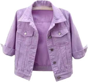 Women's Cropped Denim Jacket Plus Size Distressed Washed Button Down Long Sleeve Jean Trucker Jacket with Pockets