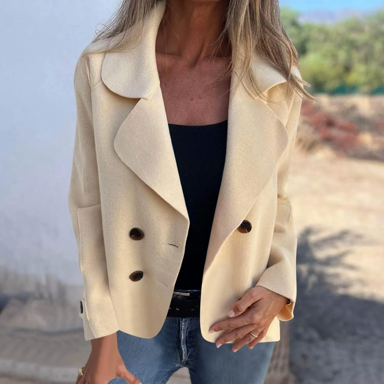 Womens Cropped Pea Coat Fall Winter Oversized Short Wool Blend Coat Double Breasted Lapel Button Down Jacket