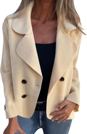 Womens Cropped Pea Coat Fall Winter Oversized Short Wool Blend Coat Double Breasted Lapel Button Down Jacket