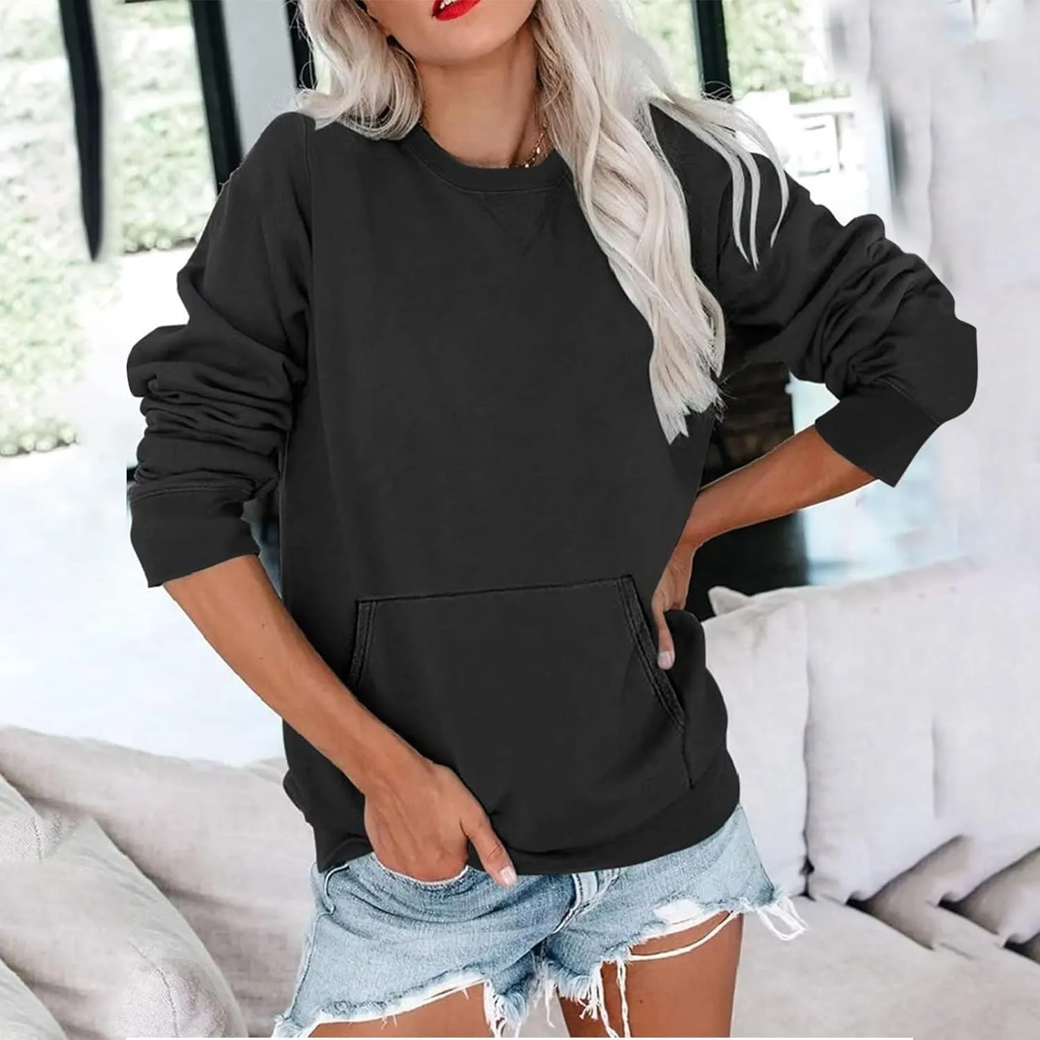 Womens Cropped Pullover Tops 2024 Fall Long Sleeve Solid Color Blouses Casual Loose Sweaters Sweatshirts Trending