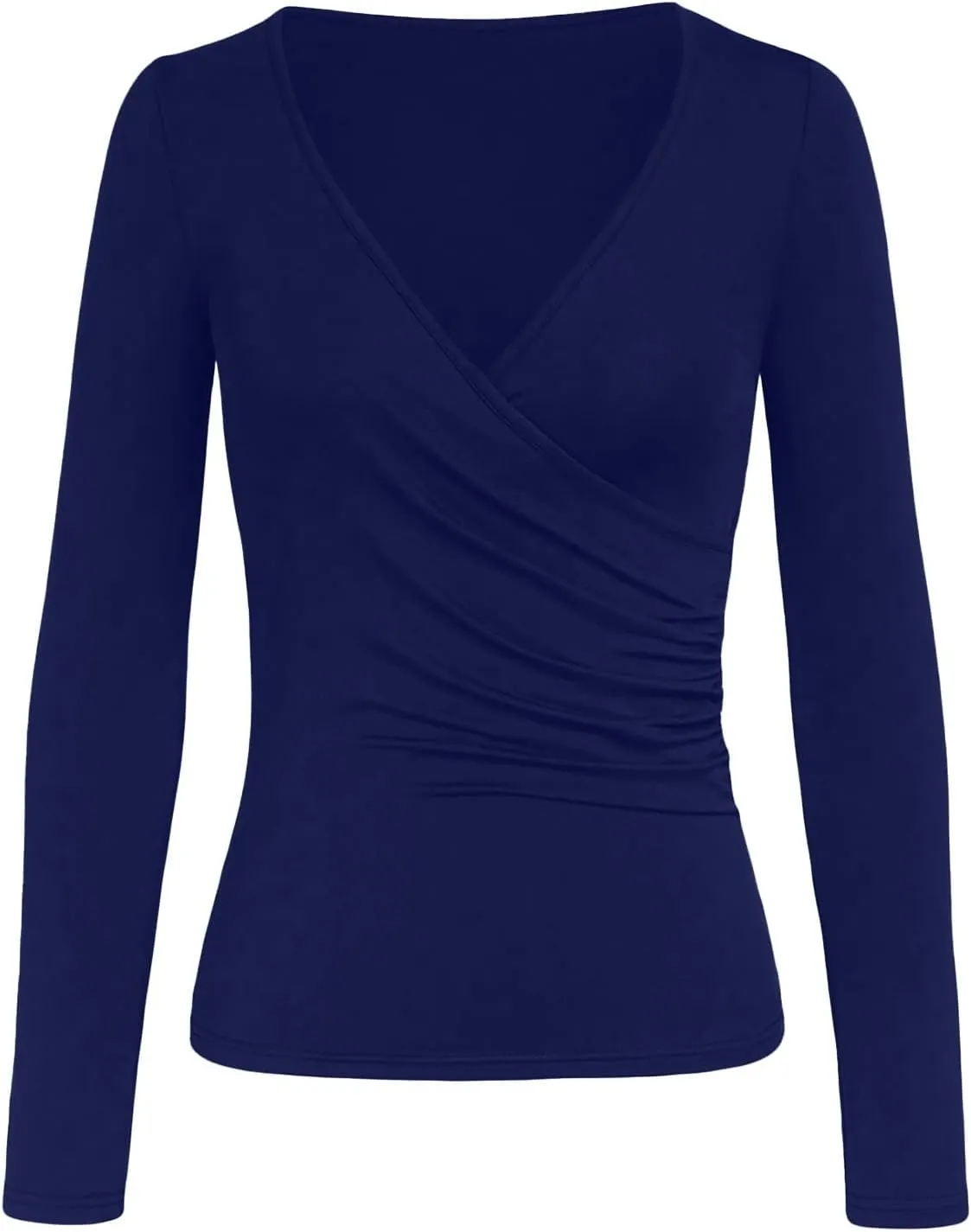 Women's Cross Wrap Ruched Plunge Sexy Deep V Neck Slim Fit Long Sleeve Fleece Lined T Shirt Tunic Tops Tee Black T Shirt