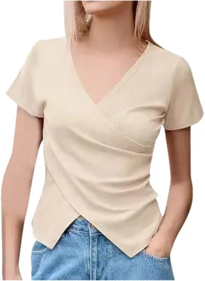 Women's Cross Wrap Tops Summer Deep V Neck T Shirts Casual Sexy Knit Short Sleeve Blouses Slim Fit Ruched Shirts
