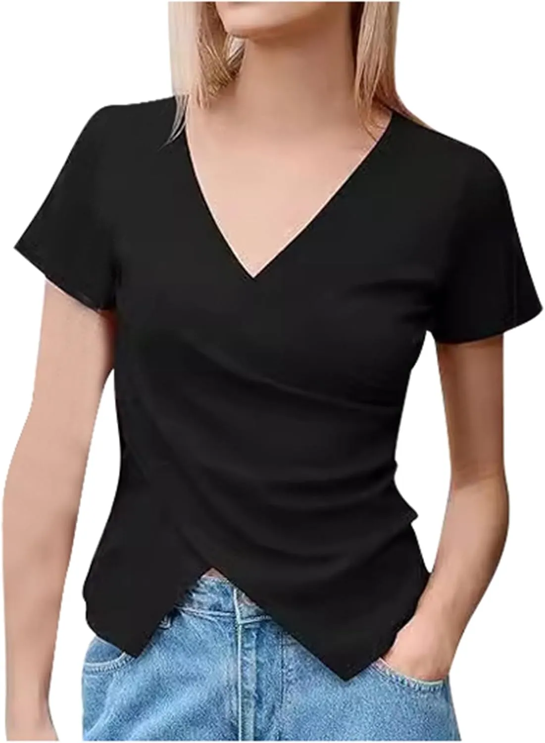 Women's Cross Wrap Tops Summer Deep V Neck T Shirts Casual Sexy Knit Short Sleeve Blouses Slim Fit Ruched Shirts