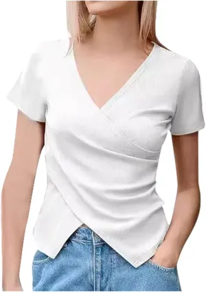 Women's Cross Wrap Tops Summer Deep V Neck T Shirts Casual Sexy Knit Short Sleeve Blouses Slim Fit Ruched Shirts