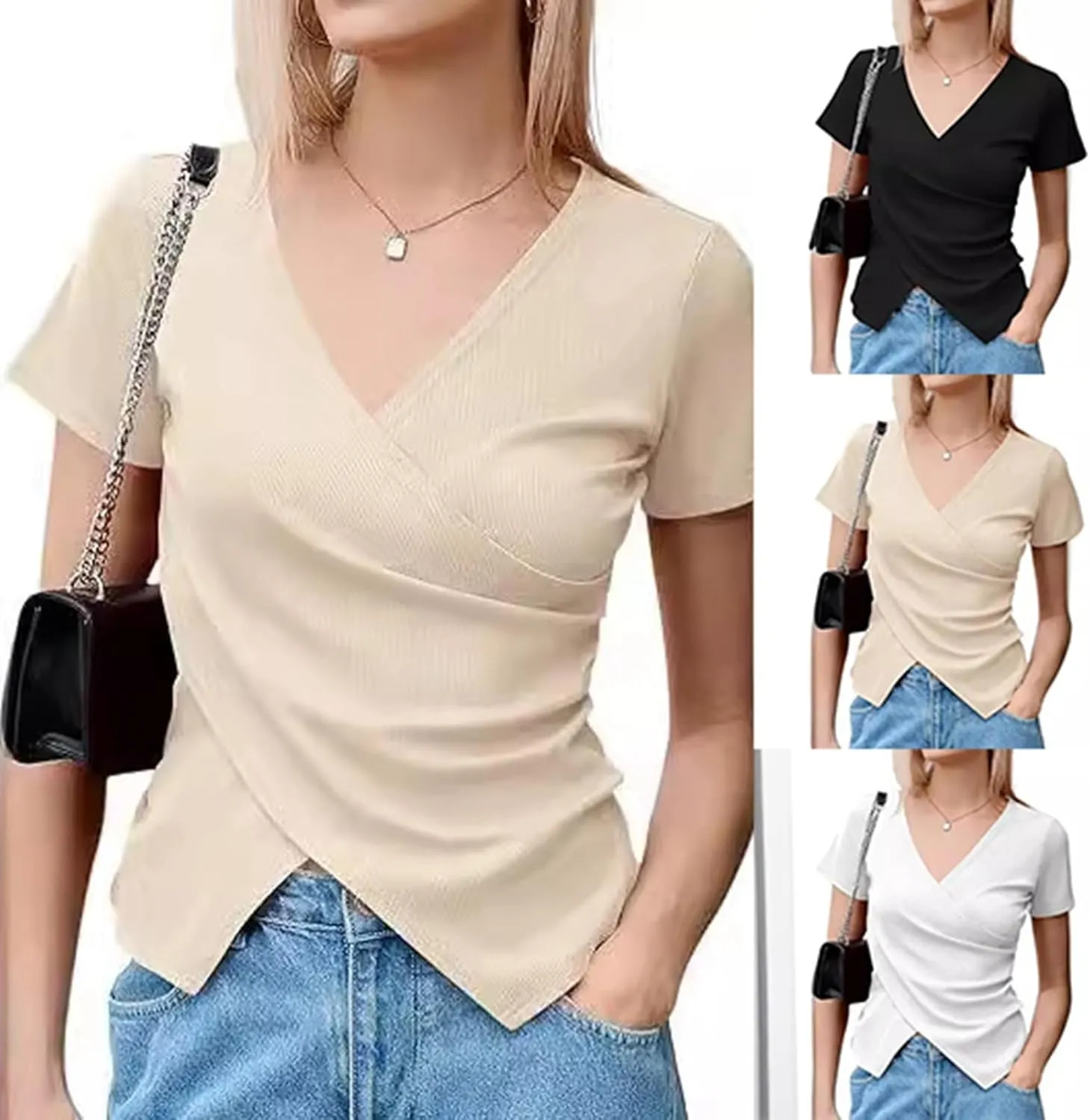 Women's Cross Wrap Tops Summer Deep V Neck T Shirts Casual Sexy Knit Short Sleeve Blouses Slim Fit Ruched Shirts