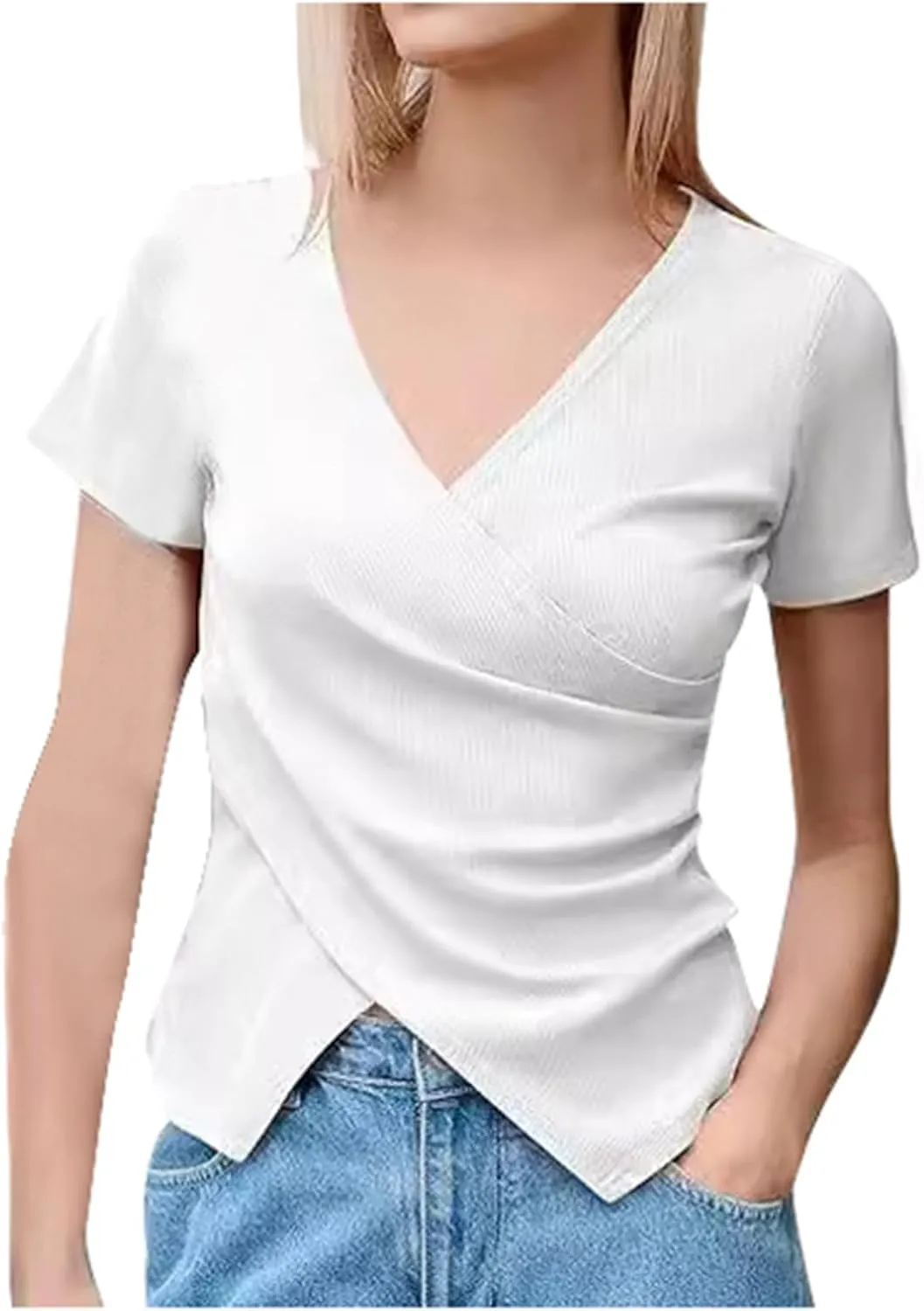 Women's Cross Wrap Tops Summer Deep V Neck T Shirts Casual Sexy Knit Short Sleeve Blouses Slim Fit Ruched Shirts