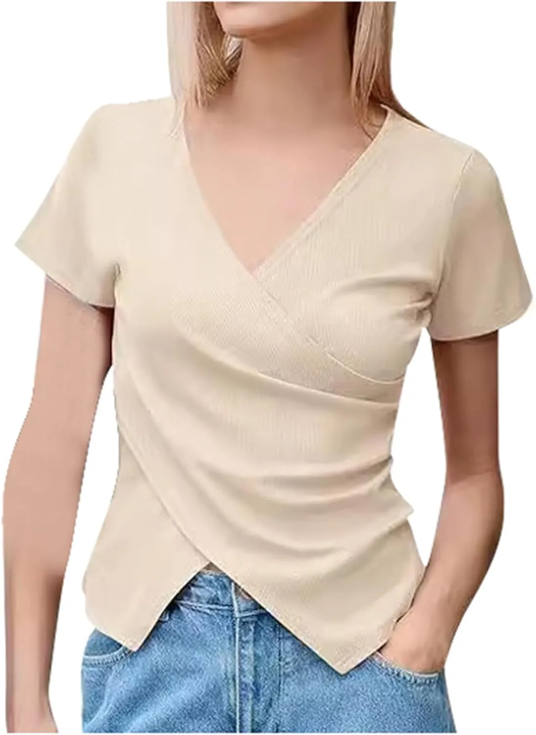 Women's Cross Wrap Tops Summer Deep V Neck T Shirts Casual Sexy Knit Short Sleeve Blouses Slim Fit Ruched Shirts