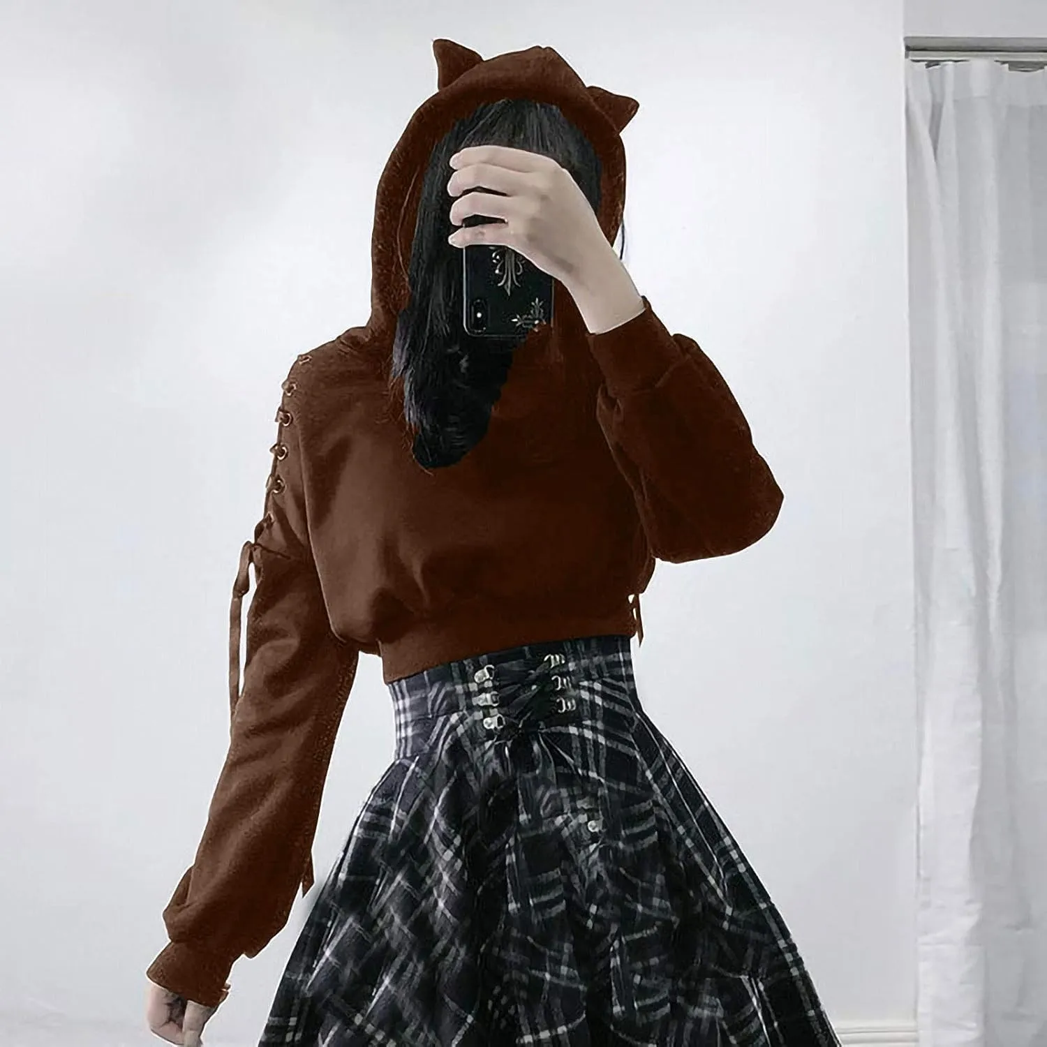 Women's Cute Ear Hoodies Sweatshirts Dark Gothic Clothes Sexy Bandage Crop Hooded Pullover Long Sleeve Hoodie Sweater