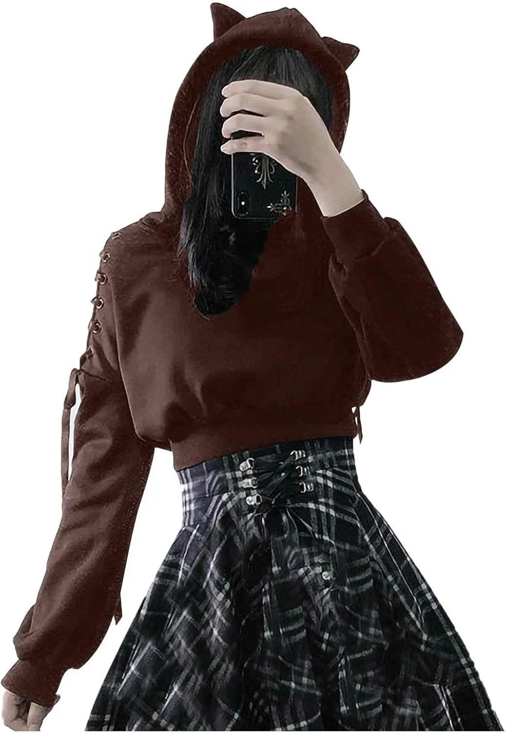 Women's Cute Ear Hoodies Sweatshirts Dark Gothic Clothes Sexy Bandage Crop Hooded Pullover Long Sleeve Hoodie Sweater