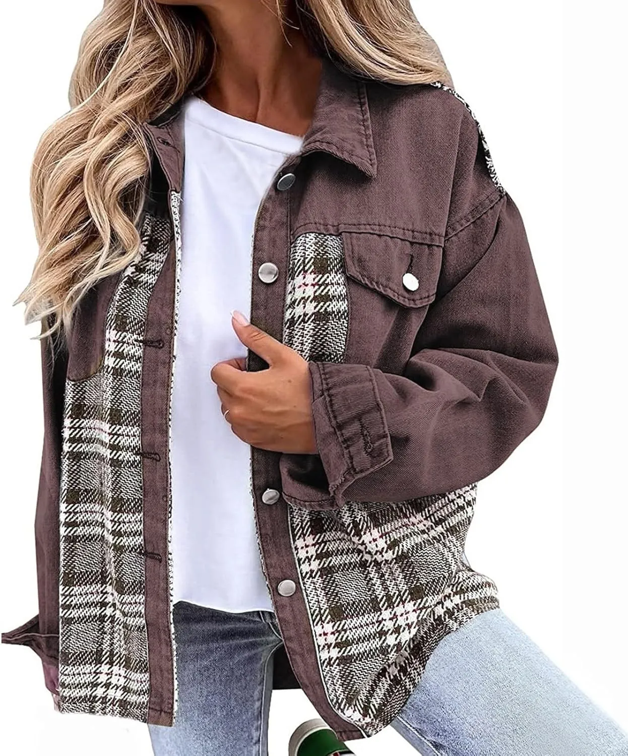 Womens Denim Jacket Plus Size Long Sleeve Lapel Button Down Boyfriend Denim Washed Coat Trucker Denim Jacket