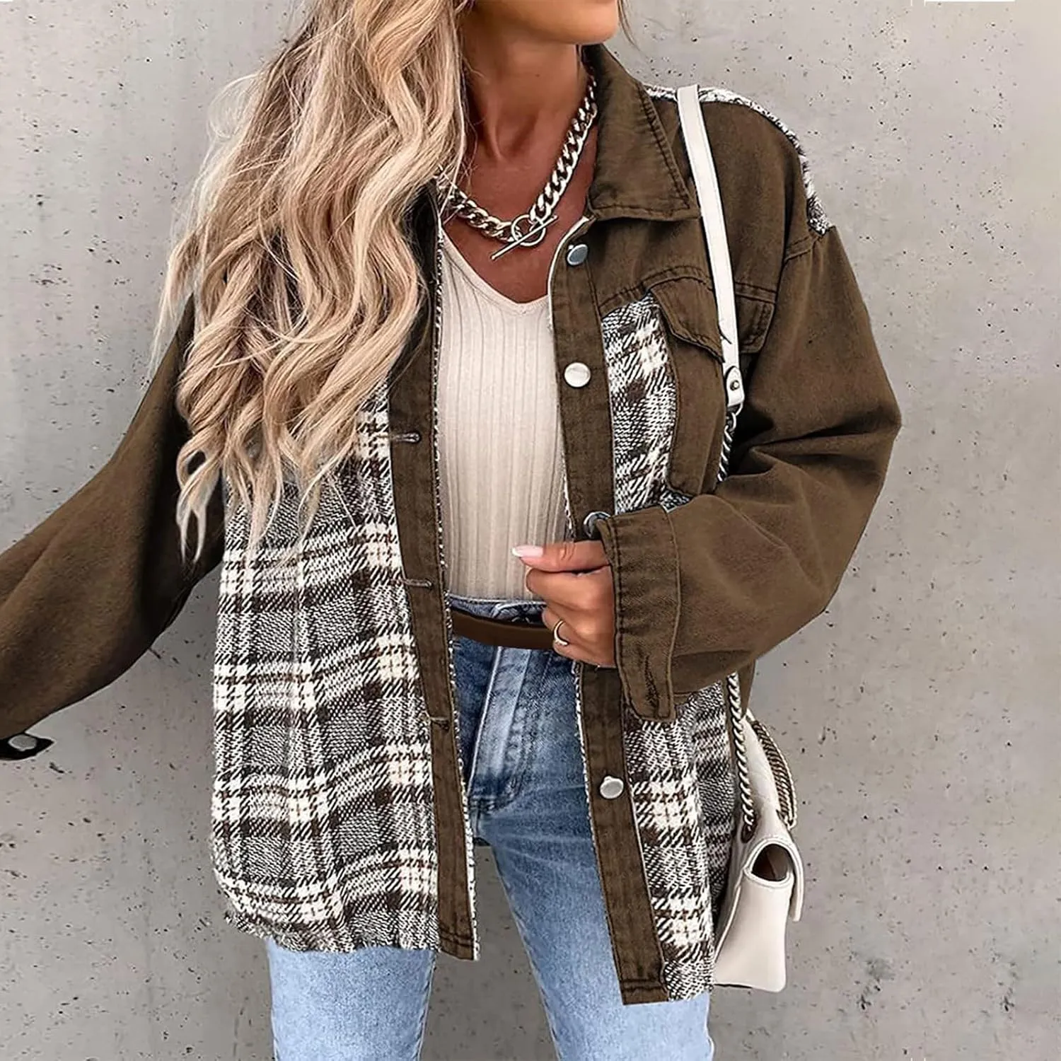 Womens Denim Jacket Plus Size Long Sleeve Lapel Button Down Boyfriend Denim Washed Coat Trucker Denim Jacket