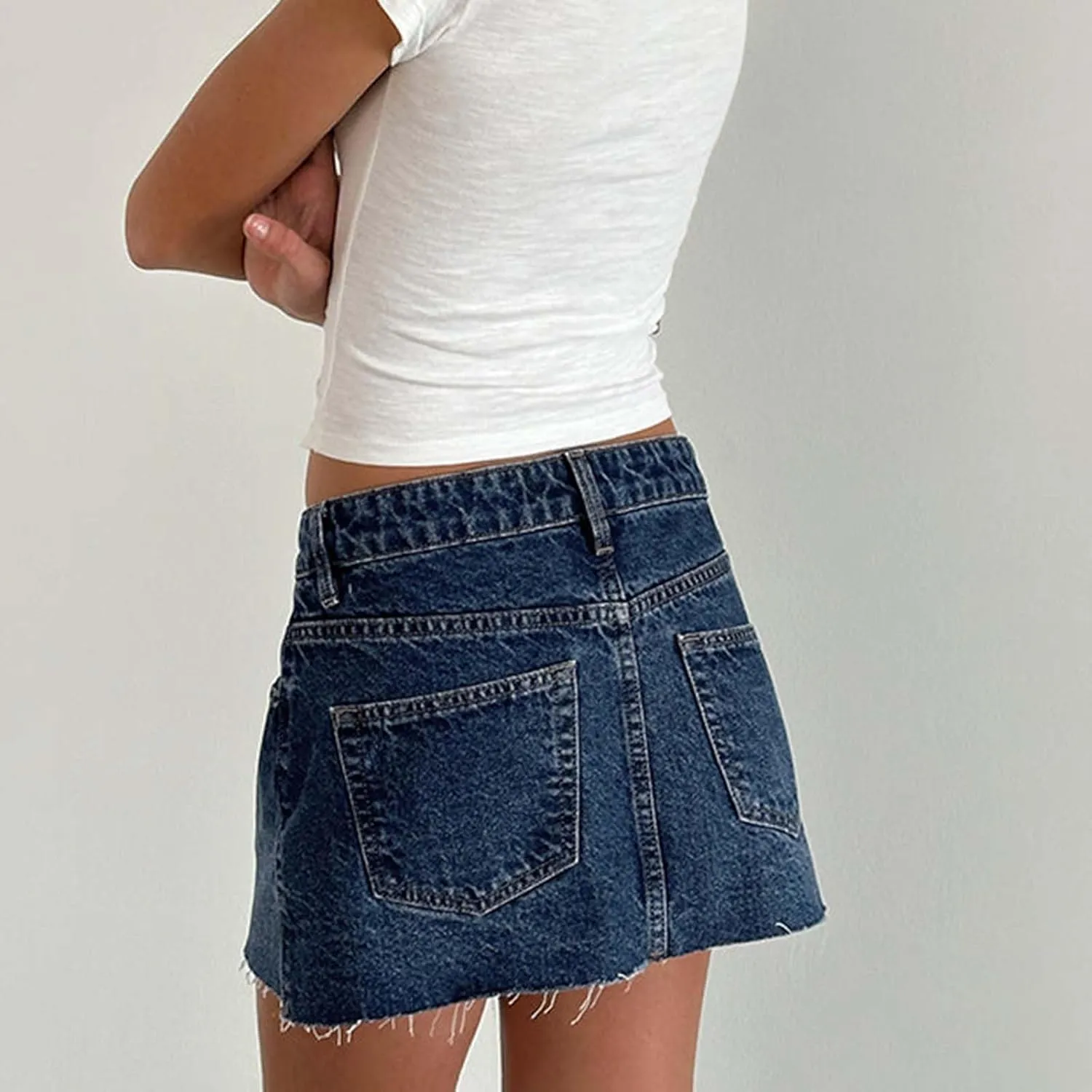 Womens Denim Mini Skirt Raw Hem Plain Jean Short Skirt Slim Fit Aline Button Front Straight Bodycon Cargo Skirt