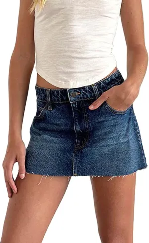 Womens Denim Mini Skirt Raw Hem Plain Jean Short Skirt Slim Fit Aline Button Front Straight Bodycon Cargo Skirt