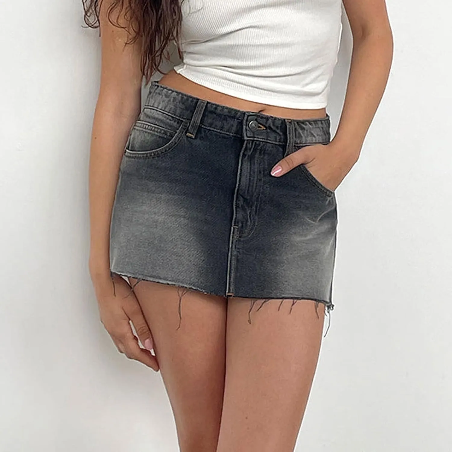 Womens Denim Mini Skirt Raw Hem Plain Jean Short Skirt Slim Fit Aline Button Front Straight Bodycon Cargo Skirt