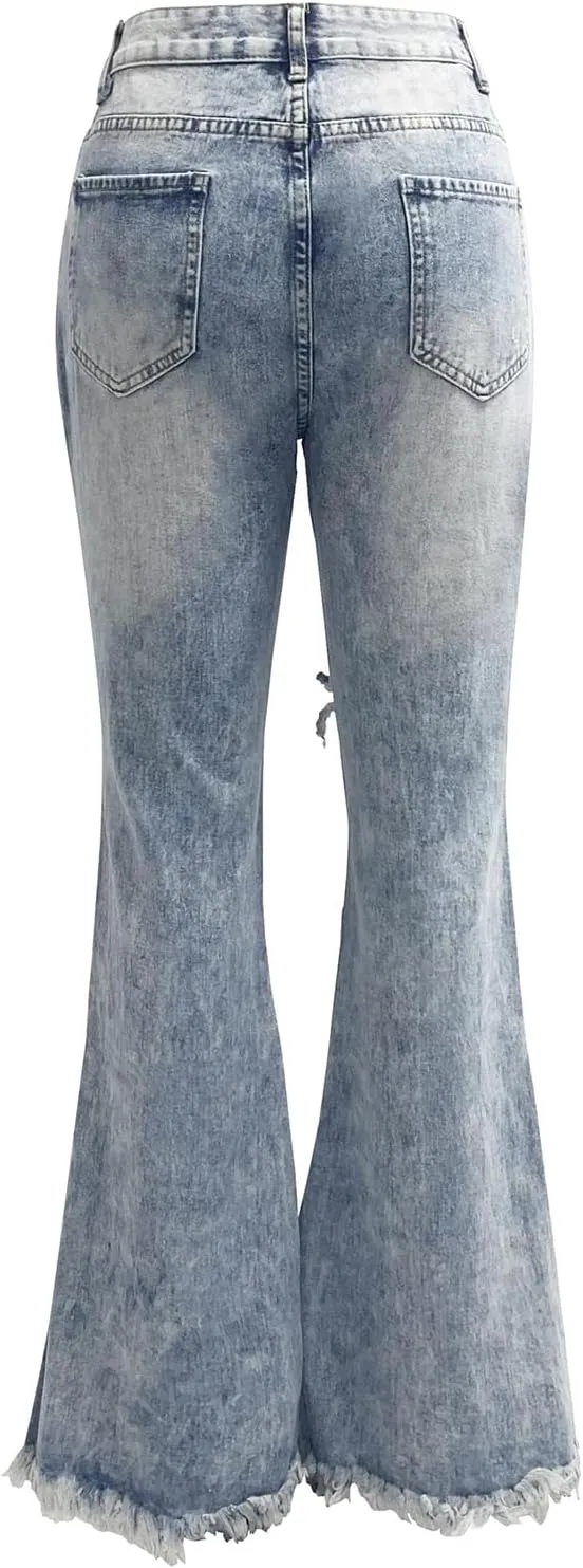Women's Distressed Destroyed Flared Jeans Stretch Skinny Fit Denim Pants Cutout Ripped Slim Jeans