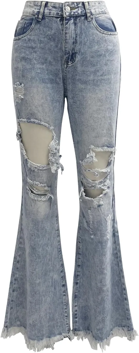 Women's Distressed Destroyed Flared Jeans Stretch Skinny Fit Denim Pants Cutout Ripped Slim Jeans