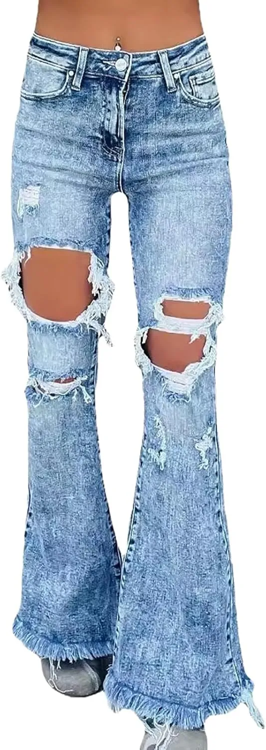 Women's Distressed Destroyed Flared Jeans Stretch Skinny Fit Denim Pants Cutout Ripped Slim Jeans