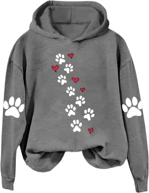 Womens Dog Paw Print Hoodies Cute Funny Heart Graphic Sweatshirts Casual Loose Fit Long Sleeve Hooded Pullover Tops