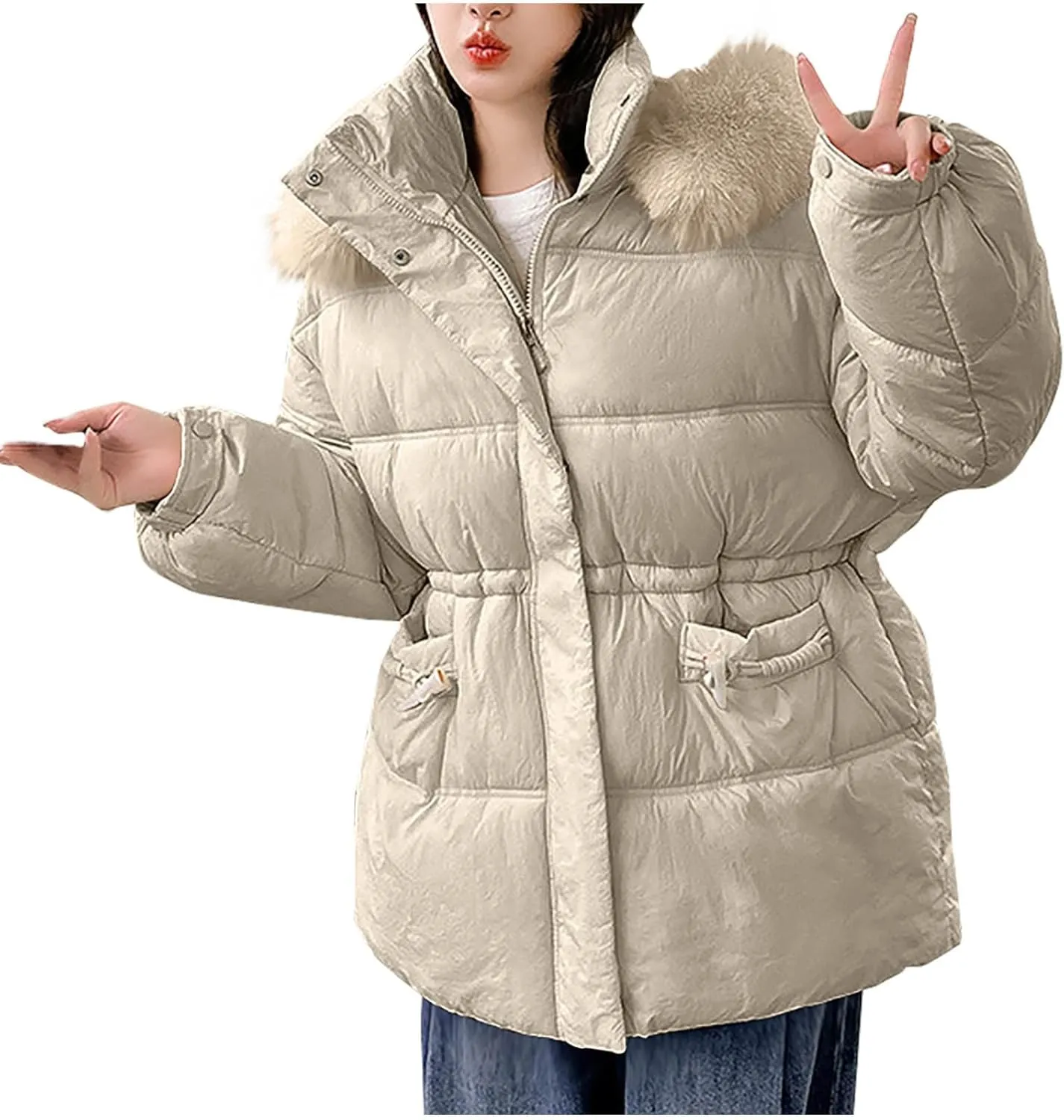 Women's Down Jacket Winter Long Puffer Parka Coat with Fur Hood Warmer Soft Comforable Jackets Solid Zipper Outwear