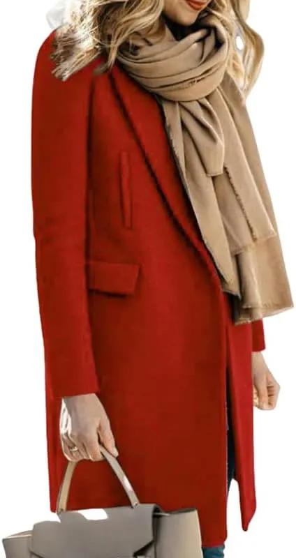 Women's Elegant Big Notch Lapel Coats Hidden Buttons Wool Blend Peacoat Jacket