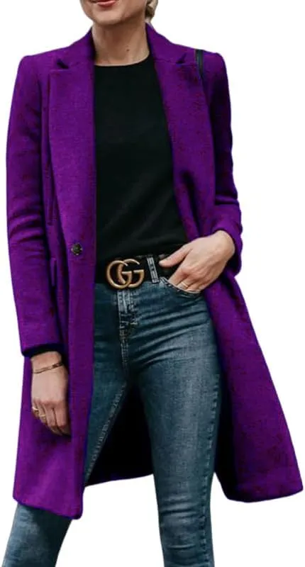 Women's Elegant Big Notch Lapel Coats Hidden Buttons Wool Blend Peacoat Jacket