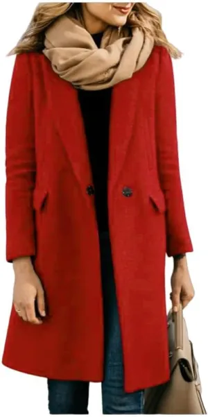 Women's Elegant Big Notch Lapel Coats Hidden Buttons Wool Blend Peacoat Jacket