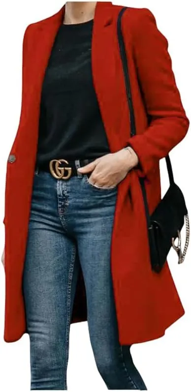 Women's Elegant Big Notch Lapel Coats Hidden Buttons Wool Blend Peacoat Jacket