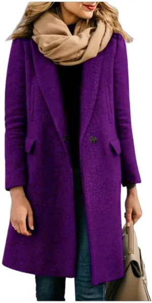 Women's Elegant Big Notch Lapel Coats Hidden Buttons Wool Blend Peacoat Jacket
