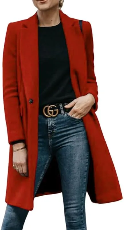 Women's Elegant Big Notch Lapel Coats Hidden Buttons Wool Blend Peacoat Jacket