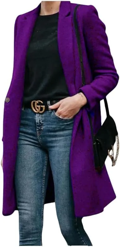 Women's Elegant Big Notch Lapel Coats Hidden Buttons Wool Blend Peacoat Jacket