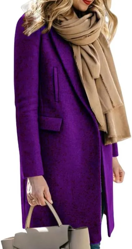 Women's Elegant Big Notch Lapel Coats Hidden Buttons Wool Blend Peacoat Jacket