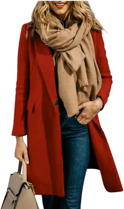Women's Elegant Big Notch Lapel Coats Hidden Buttons Wool Blend Peacoat Jacket