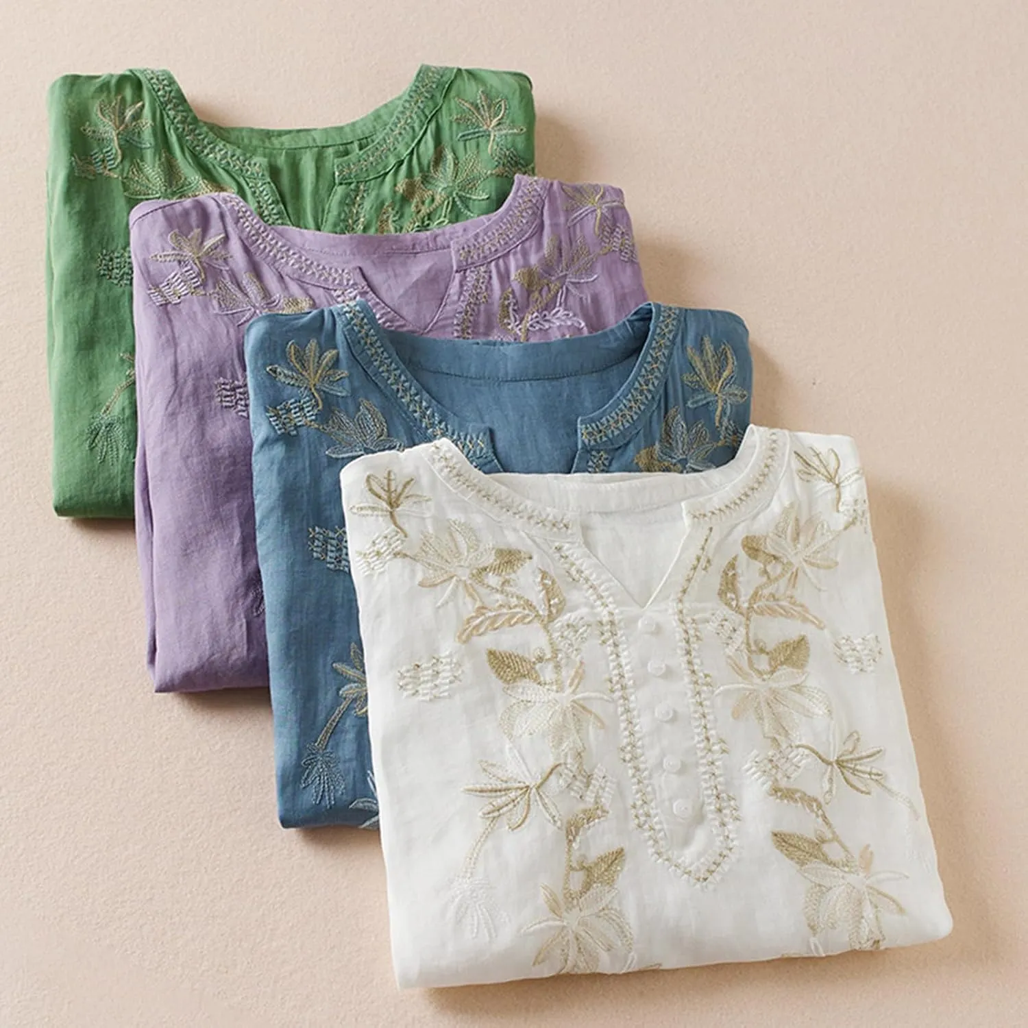 Women's Embroidery Tops 3/4 Sleeves Cotton Linen Shirts Button Down Tunic Blouse Lightweight V Neck Boho Vintage Tees