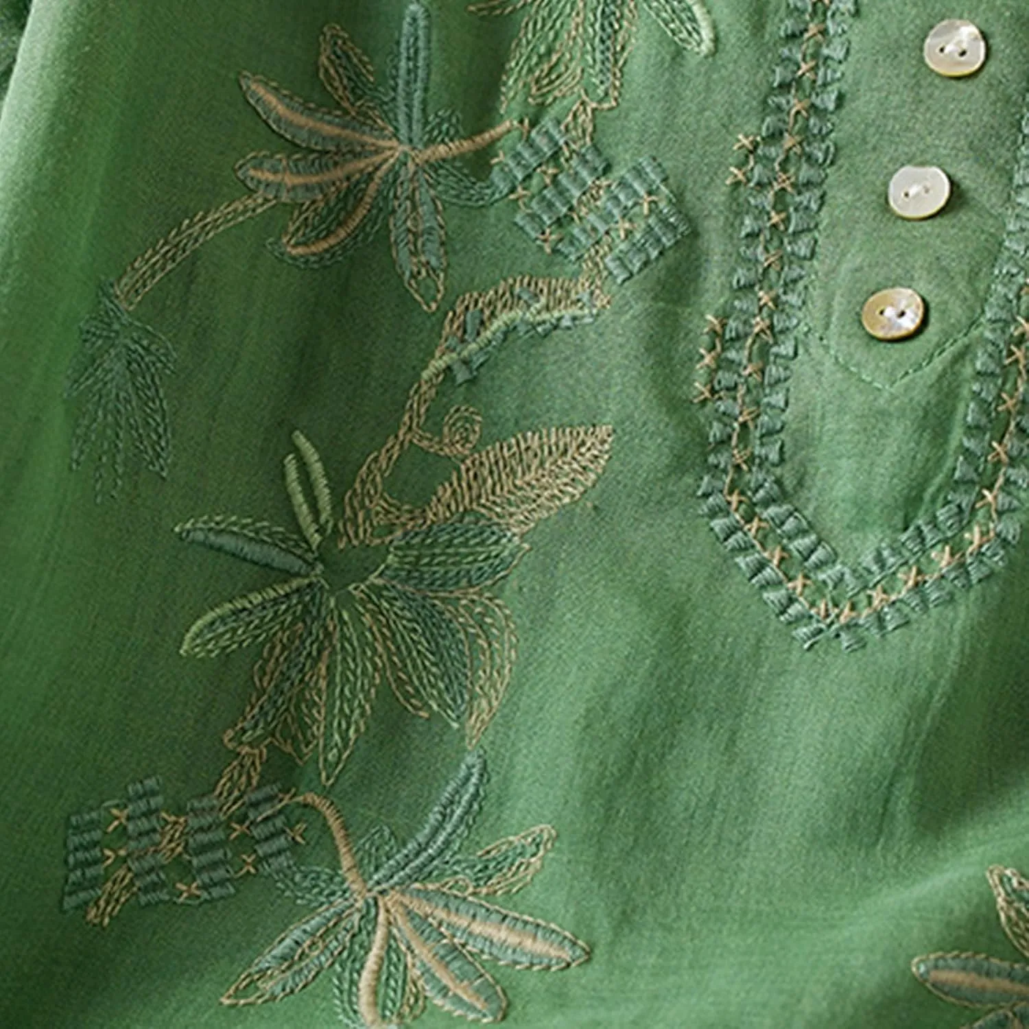 Women's Embroidery Tops 3/4 Sleeves Cotton Linen Shirts Button Down Tunic Blouse Lightweight V Neck Boho Vintage Tees