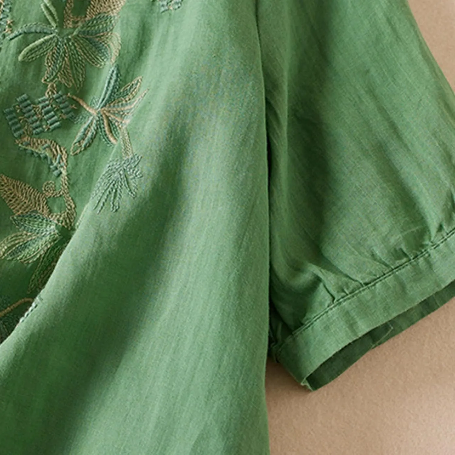 Women's Embroidery Tops 3/4 Sleeves Cotton Linen Shirts Button Down Tunic Blouse Lightweight V Neck Boho Vintage Tees