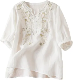 Women's Embroidery Tops 3/4 Sleeves Cotton Linen Shirts Button Down Tunic Blouse Lightweight V Neck Boho Vintage Tees