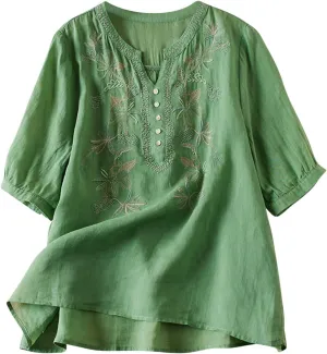 Women's Embroidery Tops 3/4 Sleeves Cotton Linen Shirts Button Down Tunic Blouse Lightweight V Neck Boho Vintage Tees