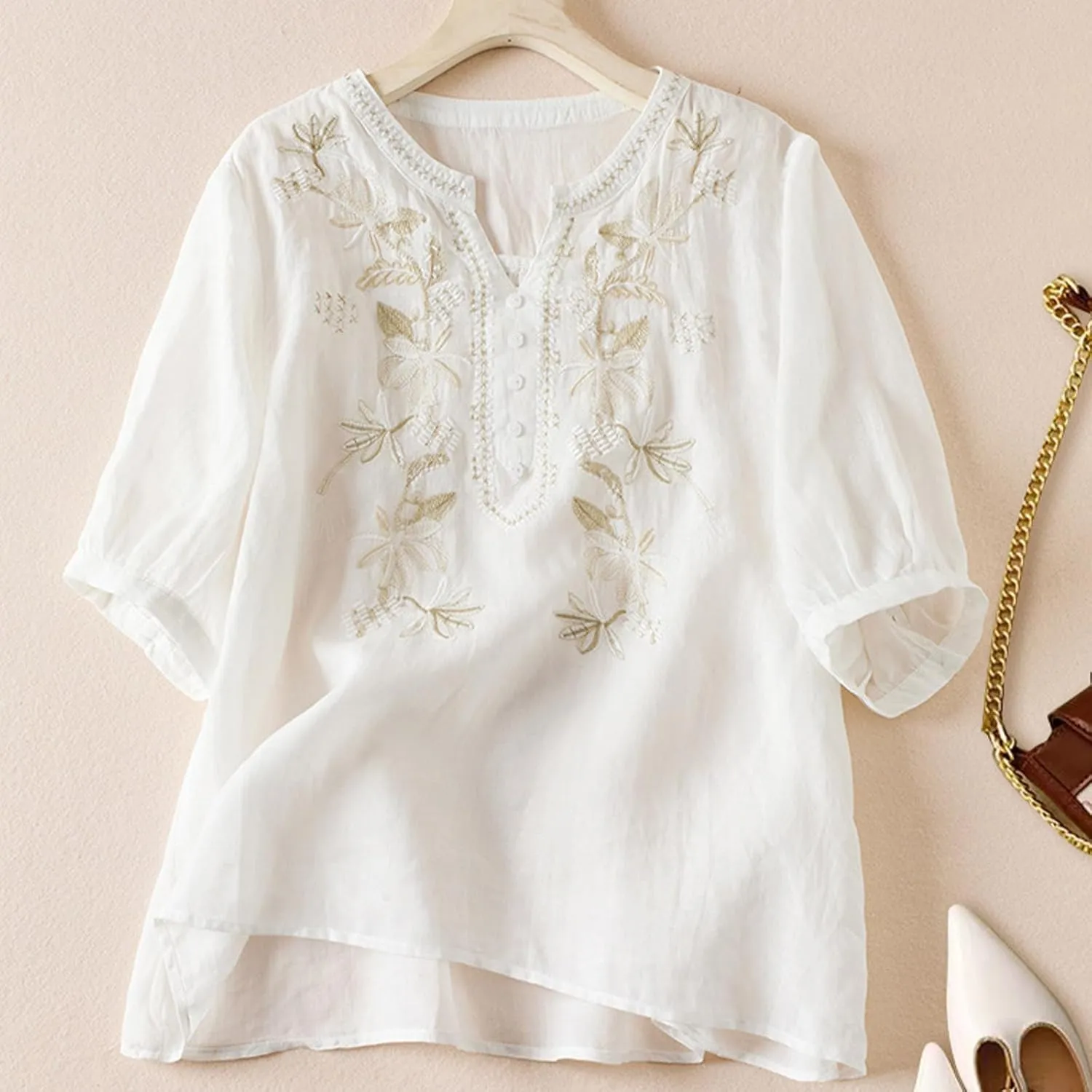 Women's Embroidery Tops 3/4 Sleeves Cotton Linen Shirts Button Down Tunic Blouse Lightweight V Neck Boho Vintage Tees