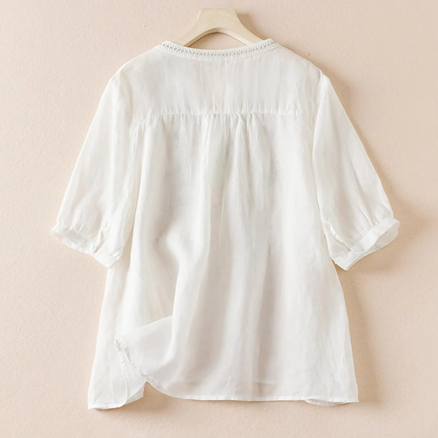 Women's Embroidery Tops 3/4 Sleeves Cotton Linen Shirts Button Down Tunic Blouse Lightweight V Neck Boho Vintage Tees
