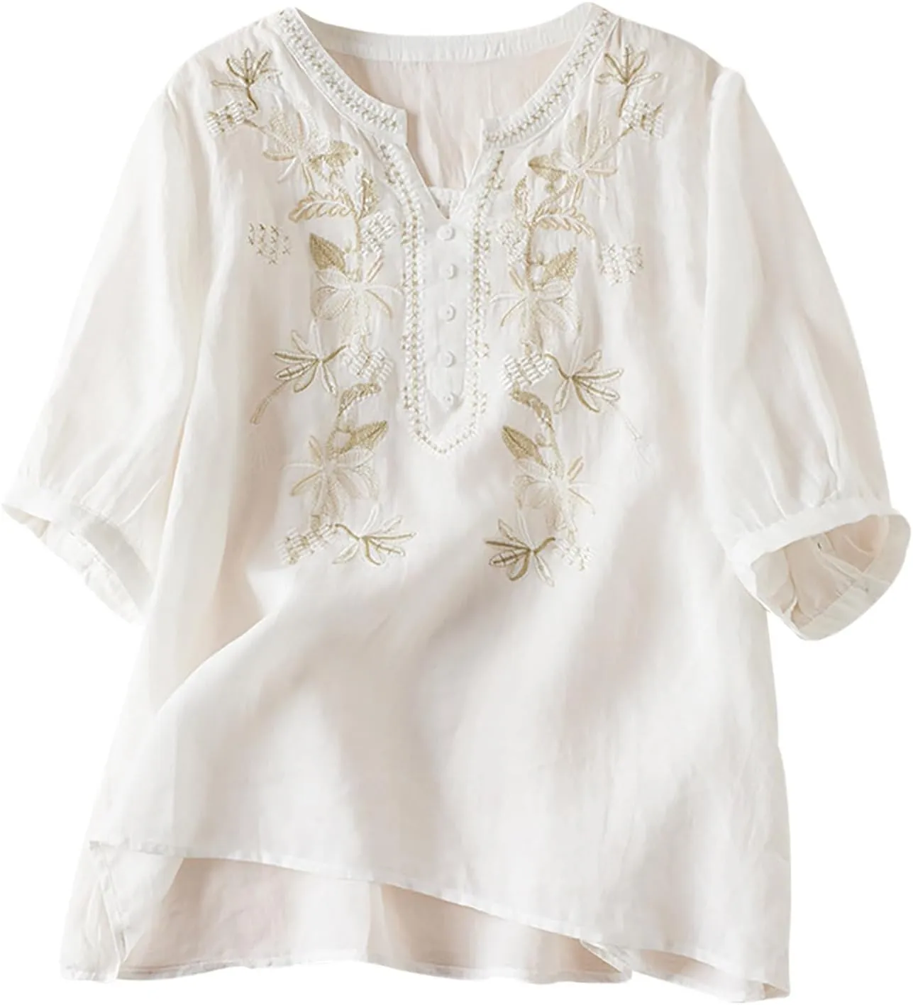 Women's Embroidery Tops 3/4 Sleeves Cotton Linen Shirts Button Down Tunic Blouse Lightweight V Neck Boho Vintage Tees