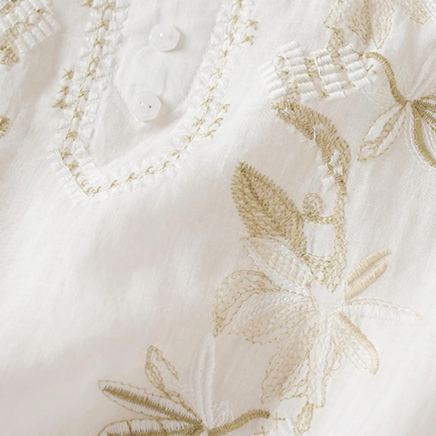 Women's Embroidery Tops 3/4 Sleeves Cotton Linen Shirts Button Down Tunic Blouse Lightweight V Neck Boho Vintage Tees