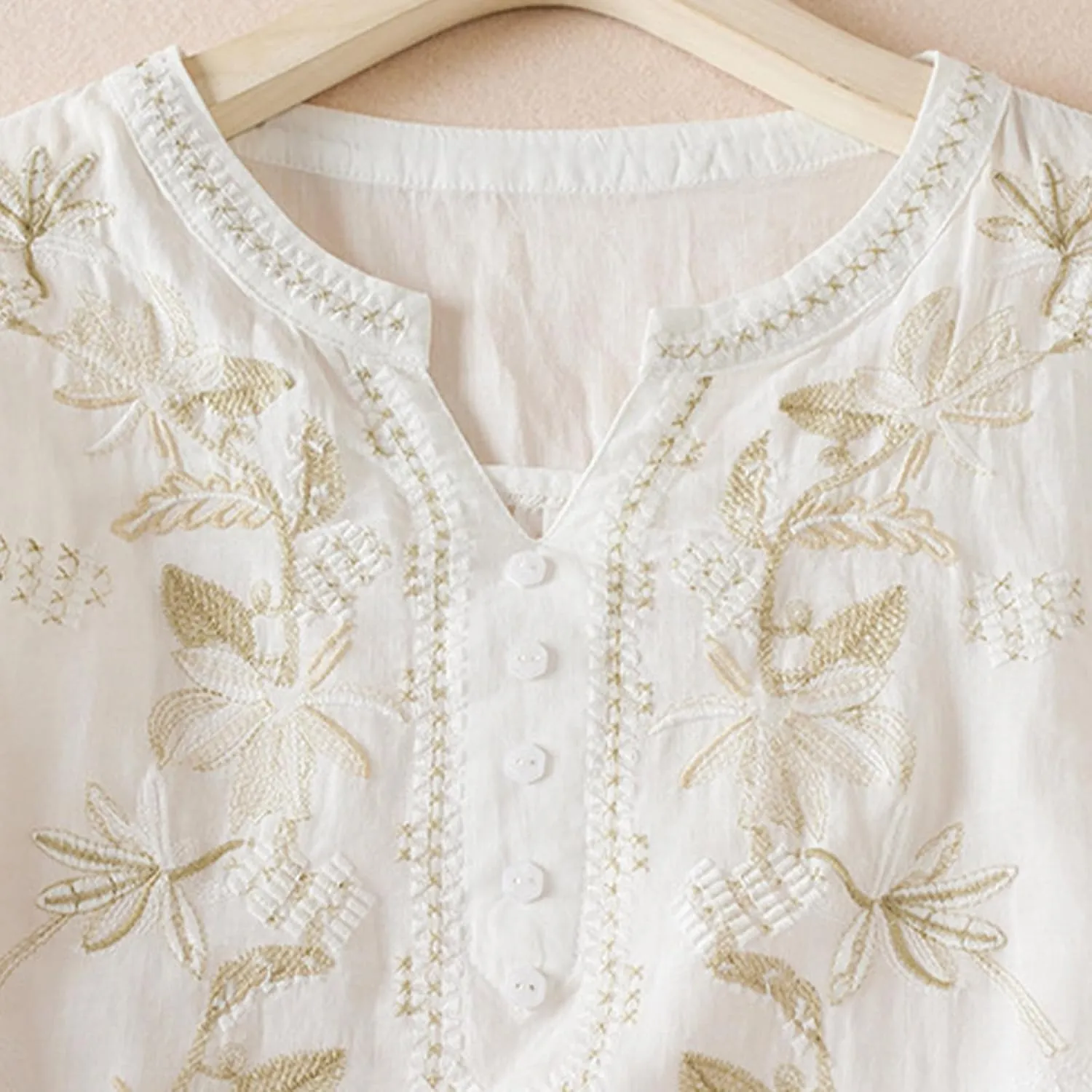 Women's Embroidery Tops 3/4 Sleeves Cotton Linen Shirts Button Down Tunic Blouse Lightweight V Neck Boho Vintage Tees