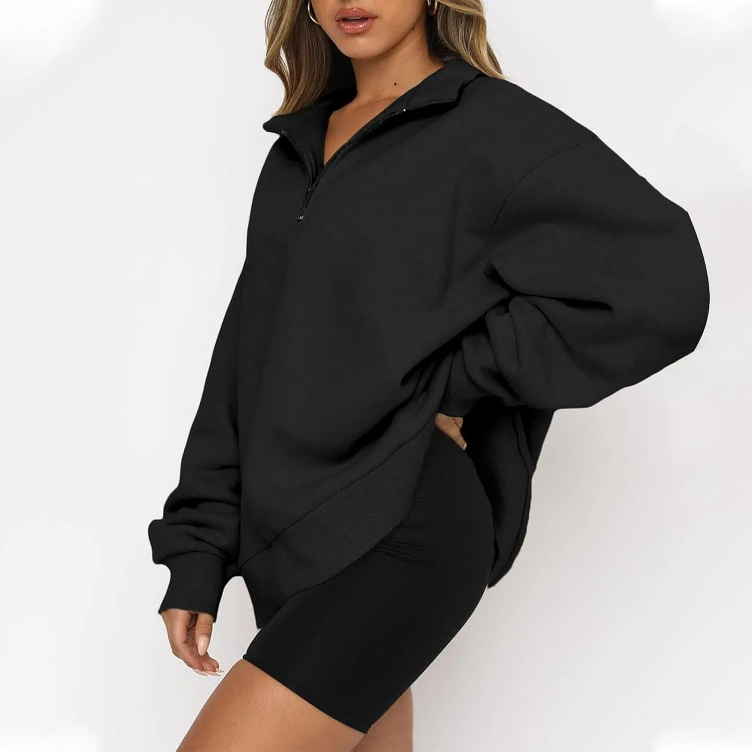 Women's Fall Fashion Long Sleeve Solid Color Zipper Sweatshirt Stretch Sweatshirt Top