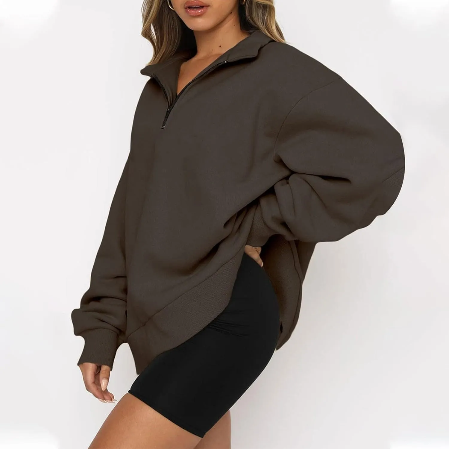 Women's Fall Fashion Long Sleeve Solid Color Zipper Sweatshirt Stretch Sweatshirt Top